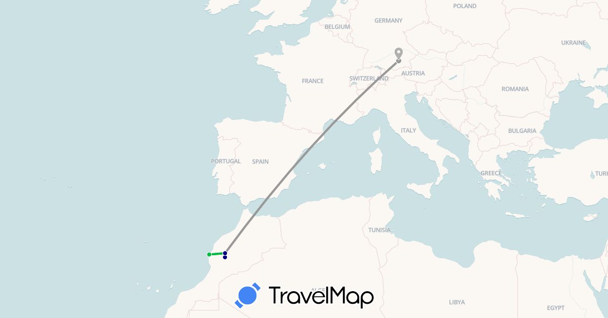 TravelMap itinerary: driving, bus, plane in Germany, Morocco (Africa, Europe)